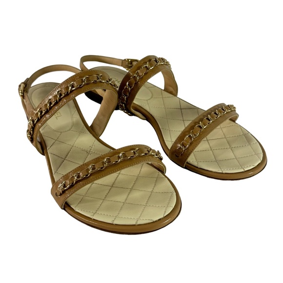 CHANEL Quilted Tan Leather & Gold Chain Strappy Sandals Marked as 37.5 - 7.5US - Picture 5 of 12